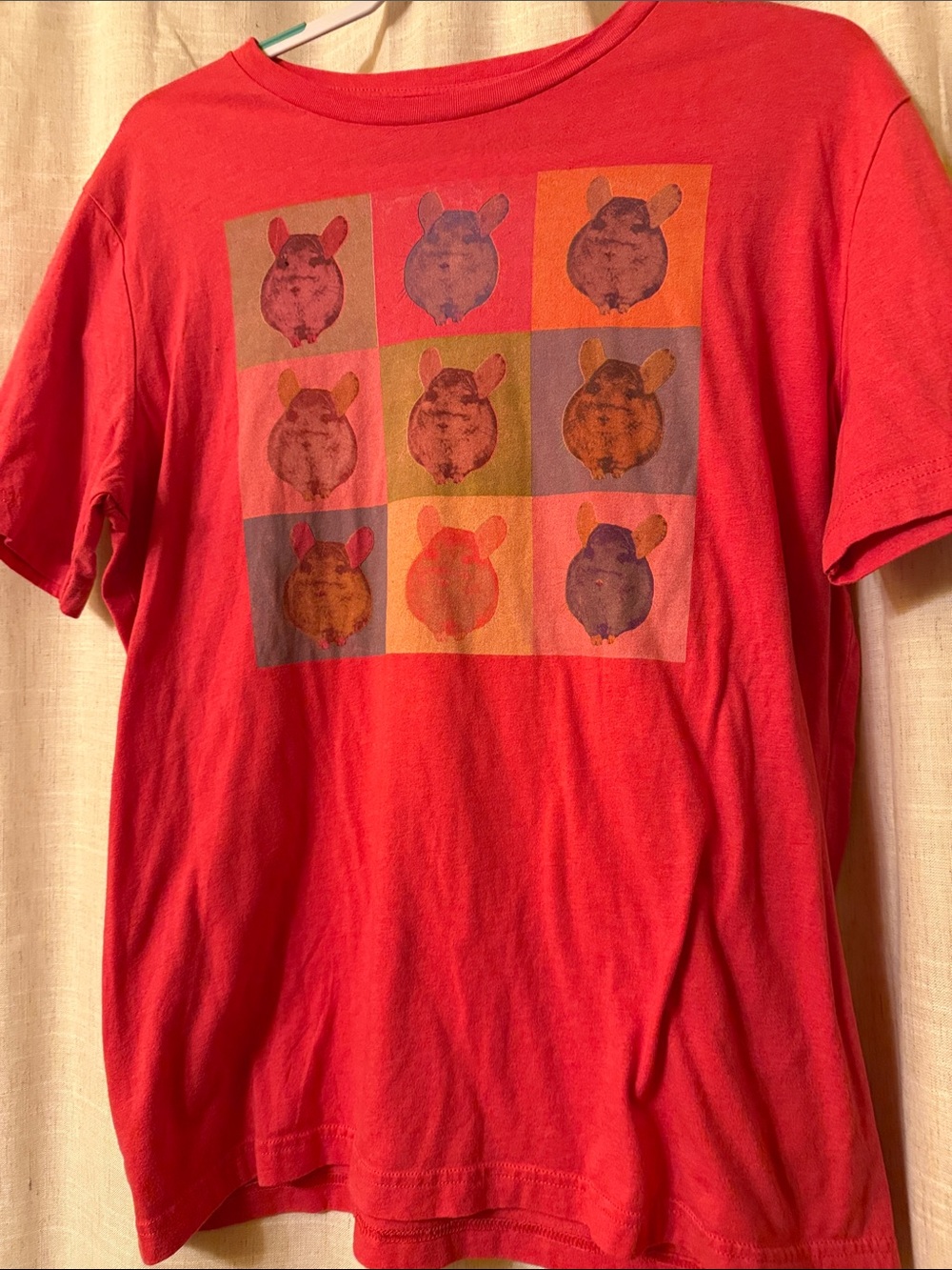 Red Graphic Tee with Colorful Pop-Art Design featuring Chinchillas